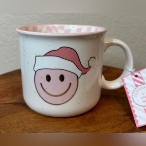 Pink Smiley Face Santa Checkered Christmas Mug